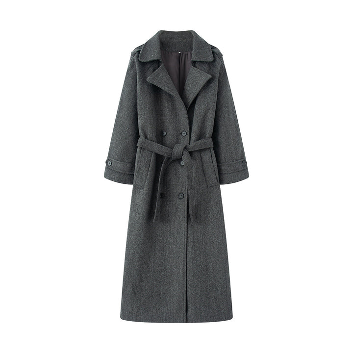Dam longer ullblandning trenchcoat med sjalkrage, midjebälte, och double-breasted knäppning