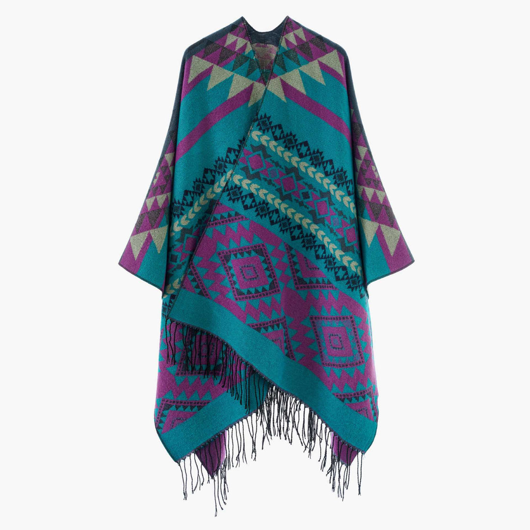 Dam Oversize Jacquard Cape i Ethno Jacquard med Fringing