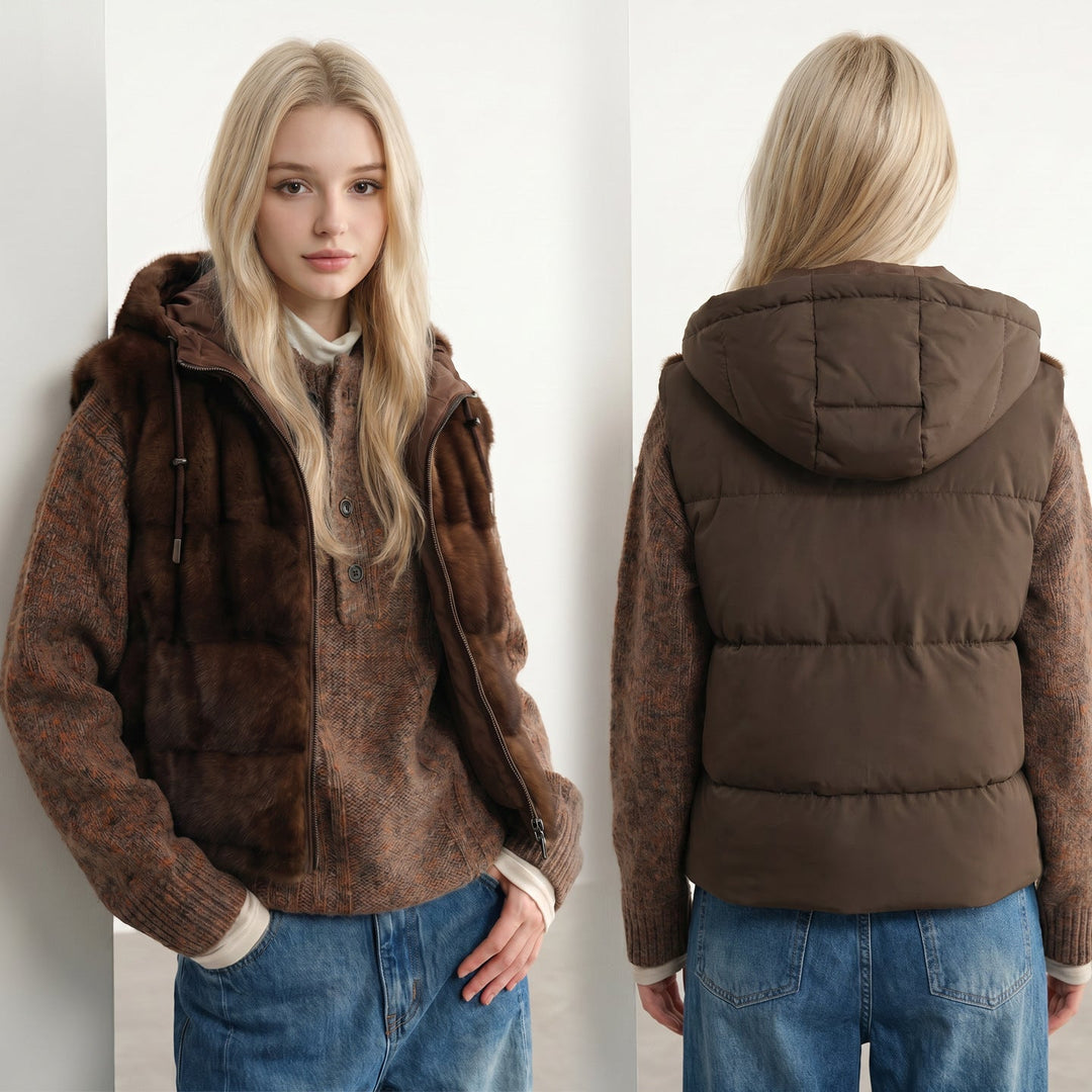 Dam Reversible plysch och quiltad väst med huva och Two-Way dragkedja