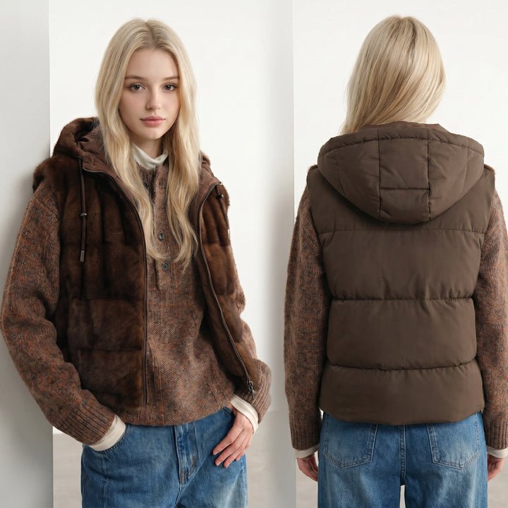 Dam Reversible plysch och quiltad väst med huva och Two-Way dragkedja