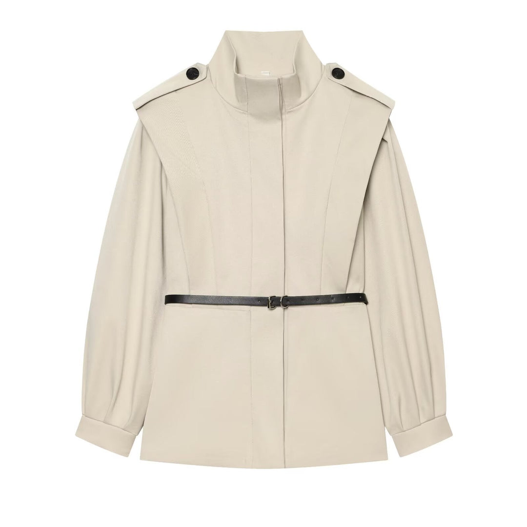 Dam Cape-Like Kappa Jacka med Standing Krage, Shoulder Flaps och Belted Waist