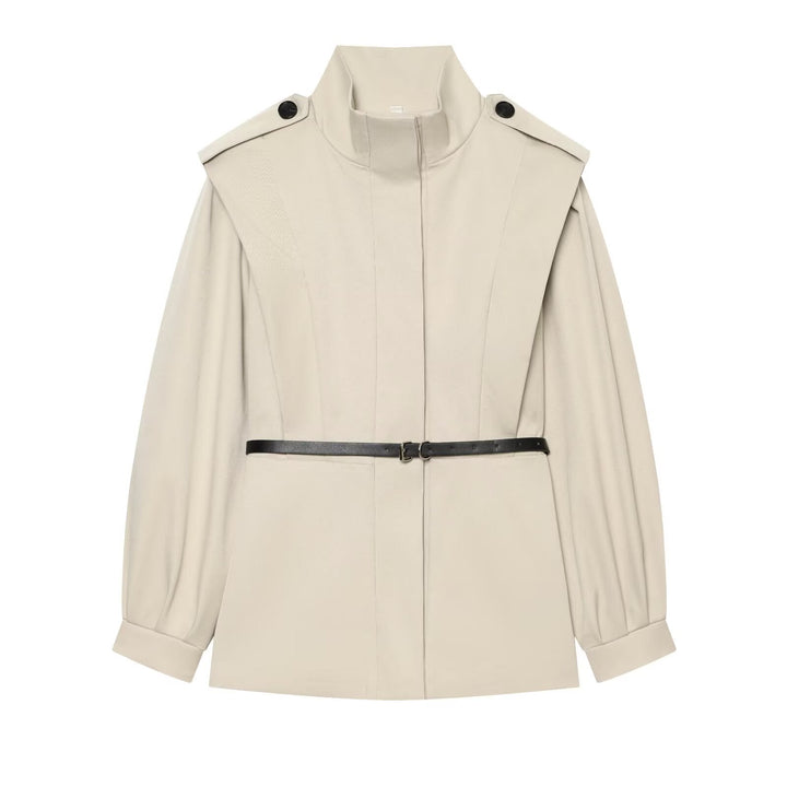 Dam Cape-Like Kappa Jacka med Standing Krage, Shoulder Flaps och Belted Waist