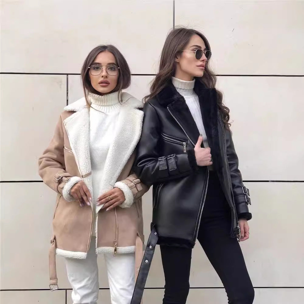 Dam oversize konstläder Pilot jacka med teddy Fur foder och Buckles