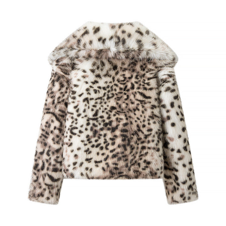 Dam kort skärning Cozy Faux Fur kappa med Leopard tryck och ståkrage