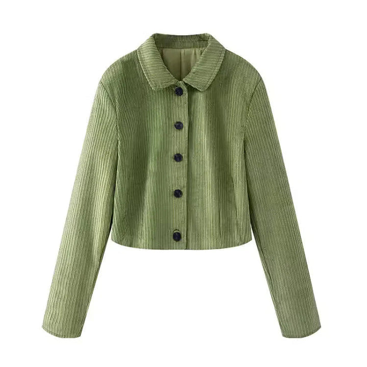 Dam kort manchester jacka med skjortkrage, waist-length boxy skärning och continuous knäppning