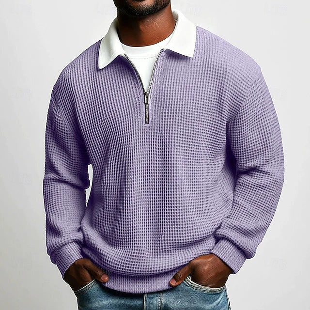 Herr Strukturerad Waffle Stickad Pullover med Polo Krage och Kort Dragkedja