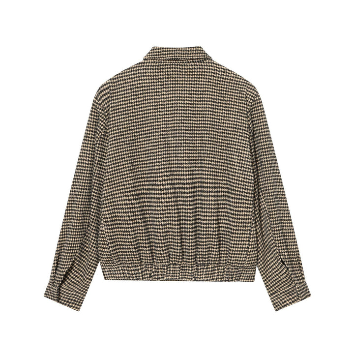Dam Boxig Kort Jacka Gjord av Ullblandning med Houndstooth Mönster, Dragkedja och Skjortkrage