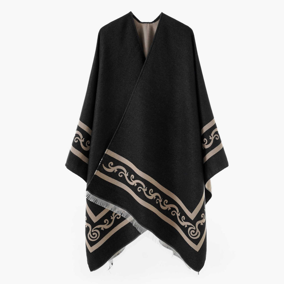 Dam Oversize Jacquard capeponcho tillverkad av ullblandning med geometric mönster och fringes