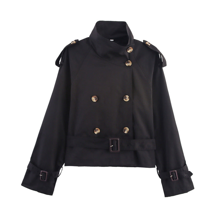 Dam kort Double-Breasted trench Blouson med hög ståkrage, Shoulder Tabs, och midjebälte