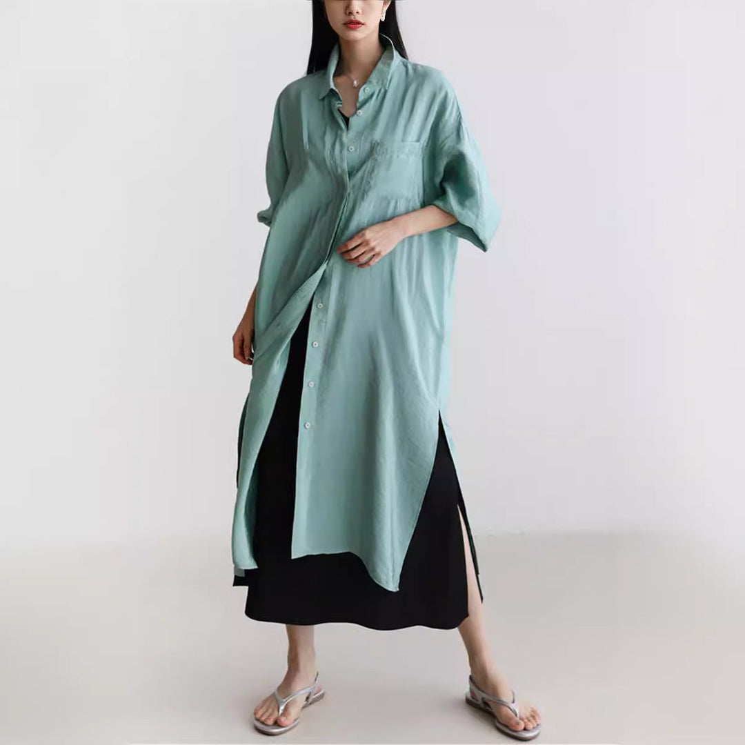 Dam lång Satin Effect Duster med Stand krage, oversized skärning och Deep Side Slits