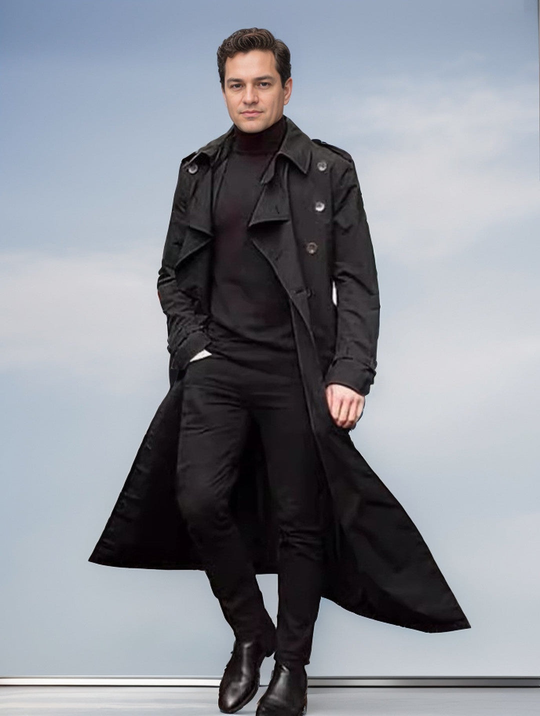 Herr Vattenavvisande Long Trenchcoat med Dubbel Knapplist, Axel Epaulettes, och Justerbar Midja Belt