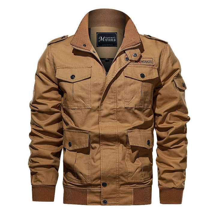 Herr Military-Inspired Canvas Fältjacka med Epaulettes, Flera Fickor och Ribbad Fåll
