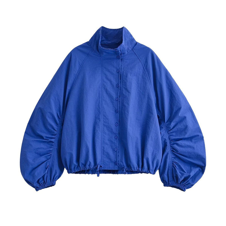 Dam Kort Windbreaker med Voluminous Balloon Ärmar och Stå Krage