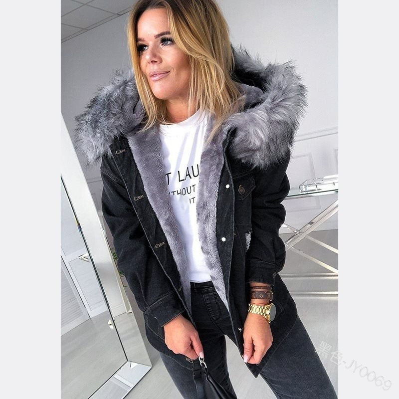 Dam oversize denim Parka med removable faux fur krage och used effect