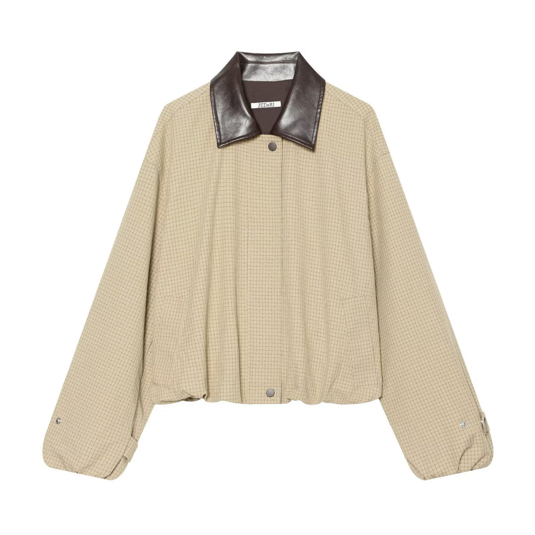Dam Kort Skärning Checked Blouson med Contrasting Läder Krage