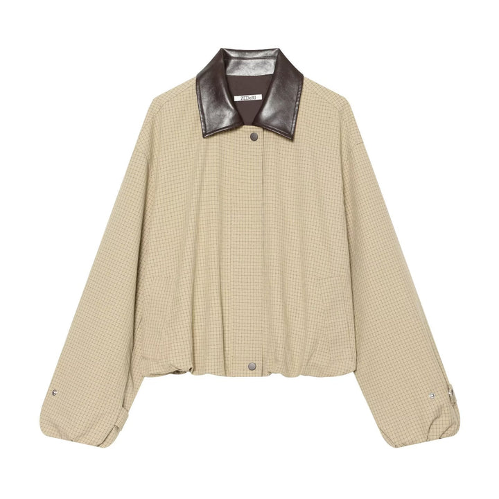 Dam Kort Skärning Checked Blouson med Contrasting Läder Krage