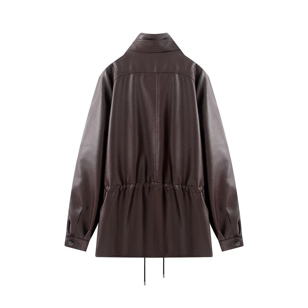 Dam Double-Breasted Jacka i Konstläder med Stå Krage, Wide Lapel och Drawstring