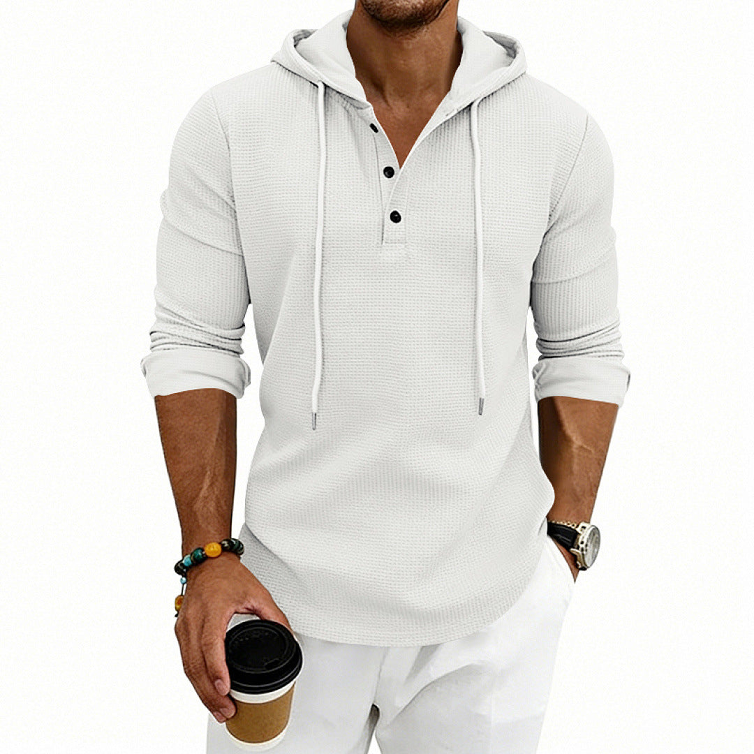 Herr Waffle Stickad Henley Luvtröja med Knapplist och Huva