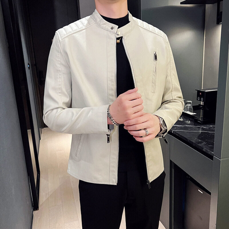 Herr Elegant Läderjacka med Ståkrage