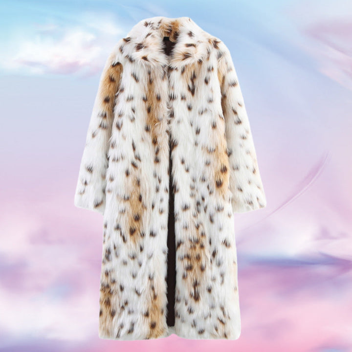 Dam Lång Oversized Konstpäls Kappa med Spotted Wildcat Tryck och Ståkrage