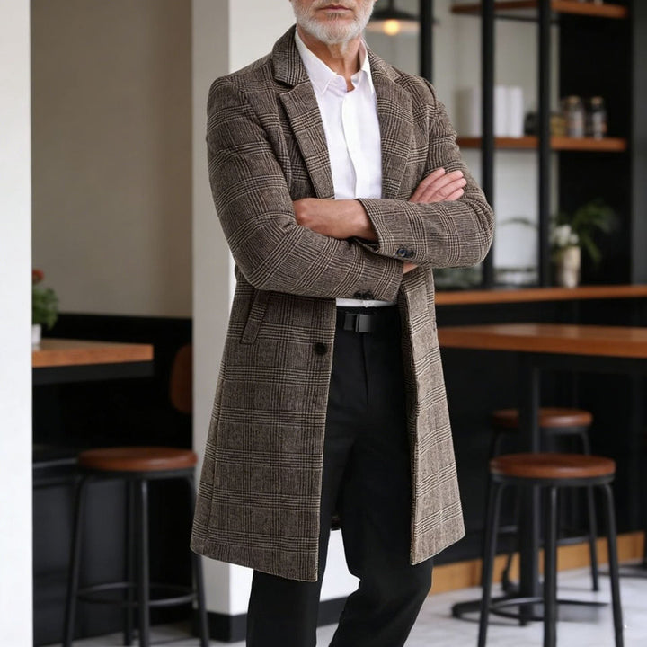 Herr ullblandning kappa i glen rutmönster med en slim lång siluett