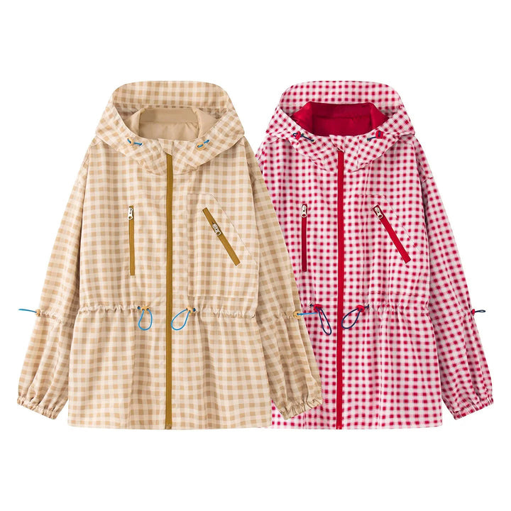 Dam Rutig Rain Parka med Huva, Midja med Dragsko och Diagonal Zippered Fickor