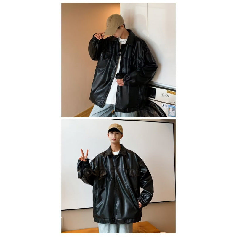 Herr Oversized PU Läder Shacket med Lock Fickor och Elastisk Muddar