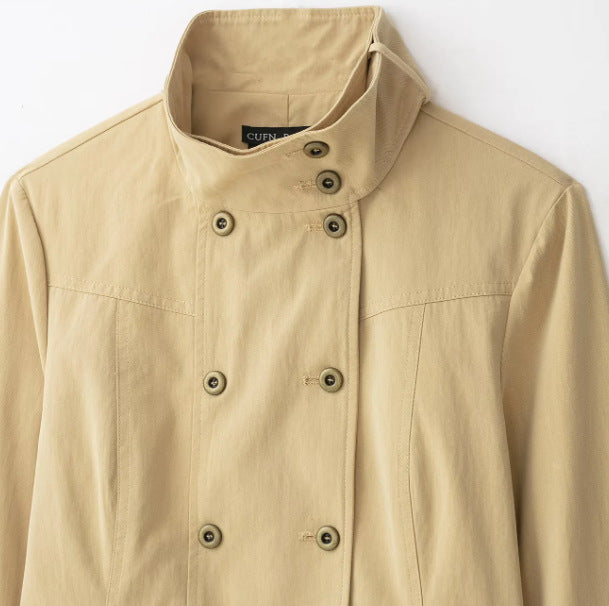 Dam Kort Double Breasted Kort Jacka i Blouson Stil med Stå Krage och Lock Fickor