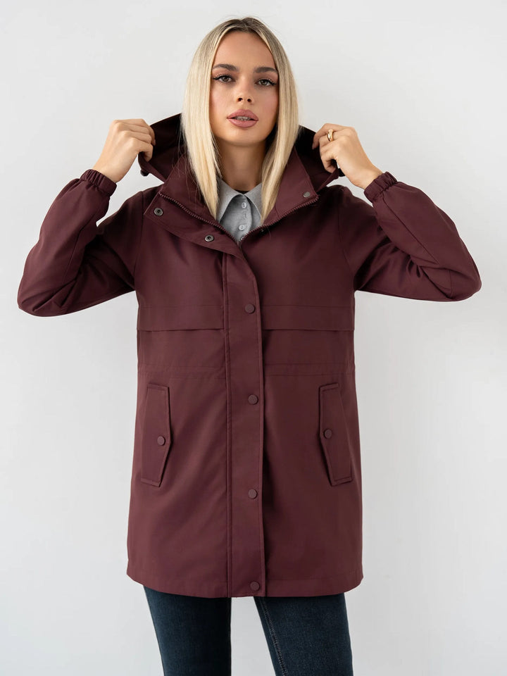 Dam Water-Repellent med Huva Parka med Midja med Dragsko och Utanpåfickor