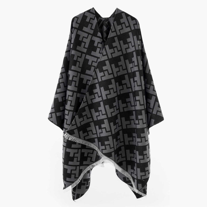 Dam Oversize Jacquard capeponcho tillverkad av ullblandning med geometric mönster och fringes