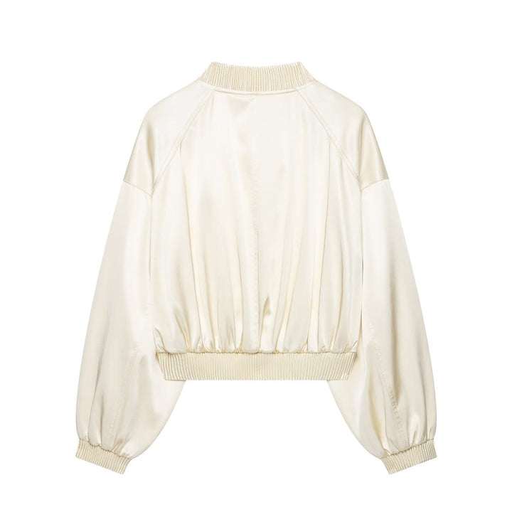 Dam Kort Satin Bomber med Oversize Balloon Ärmar och Ribbed Krage