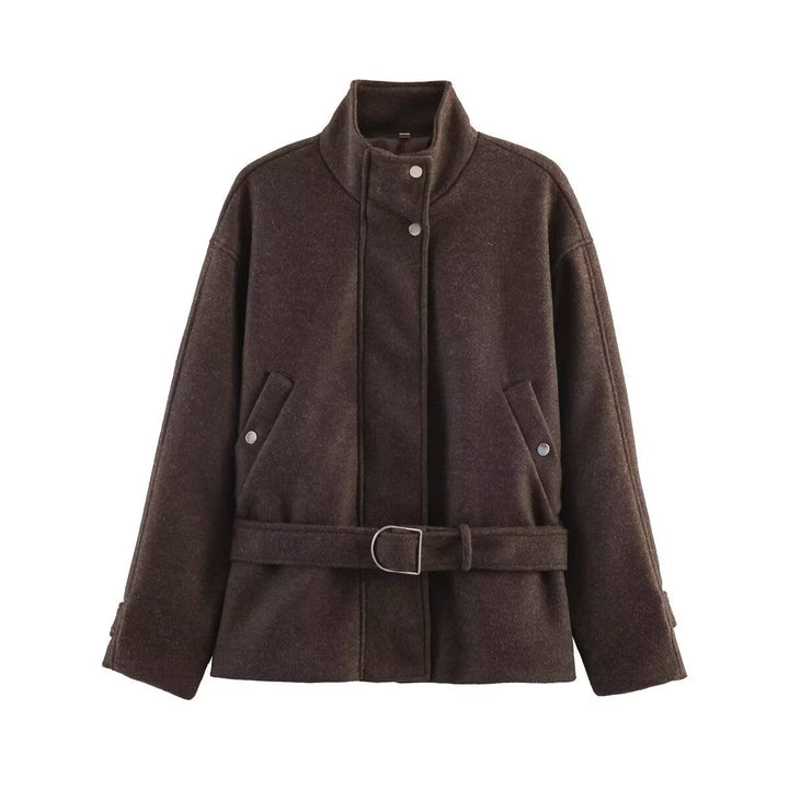Dam kort jacka gjord ullblandning med waistband, ståkrage och flap fickor