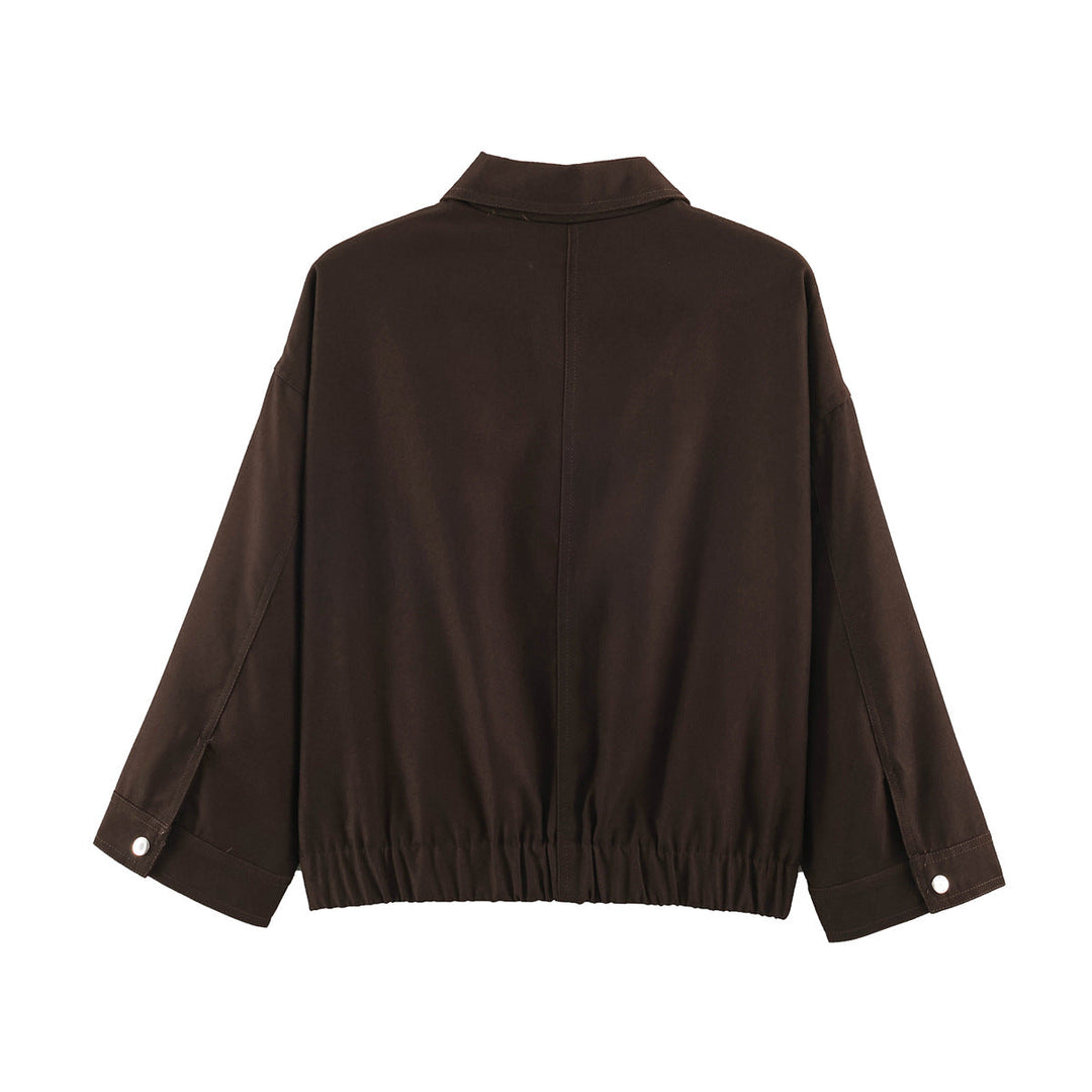 Dam Oversize Kort Jacka med Metal Dragkedja, Stora Lock Fickor och Elastic Nederkant