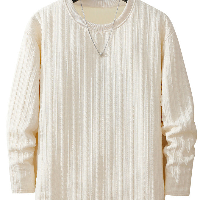 Herr Fin Structure Chunky Stickad Round Neck College-Tröja med Cable Mönster &amp; Avslappnad Passform