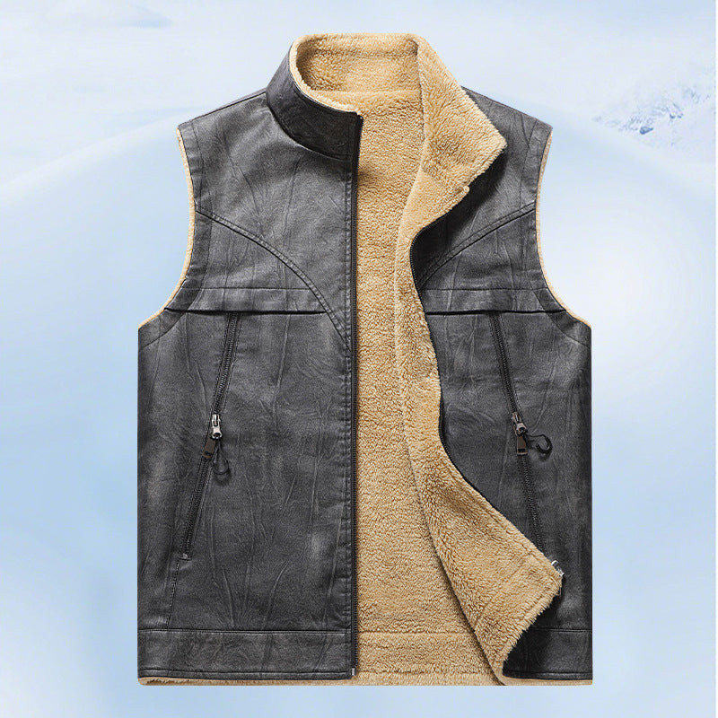 Herr Sleeveless Konstläder Teddy Väst med Ståkrage och Dragkedjefickor