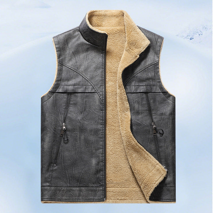 Herr Sleeveless Konstläder Teddy Väst med Ståkrage och Dragkedjefickor