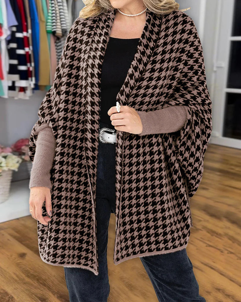 Dam oversized poncho med Houndstooth mönster och Open sjalkrage