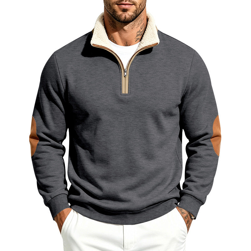 Herr Troyer Halv Dragkedja Pullover med Teddy Fleece Foder, Konstläder Elbow Lappar och Ståkrage