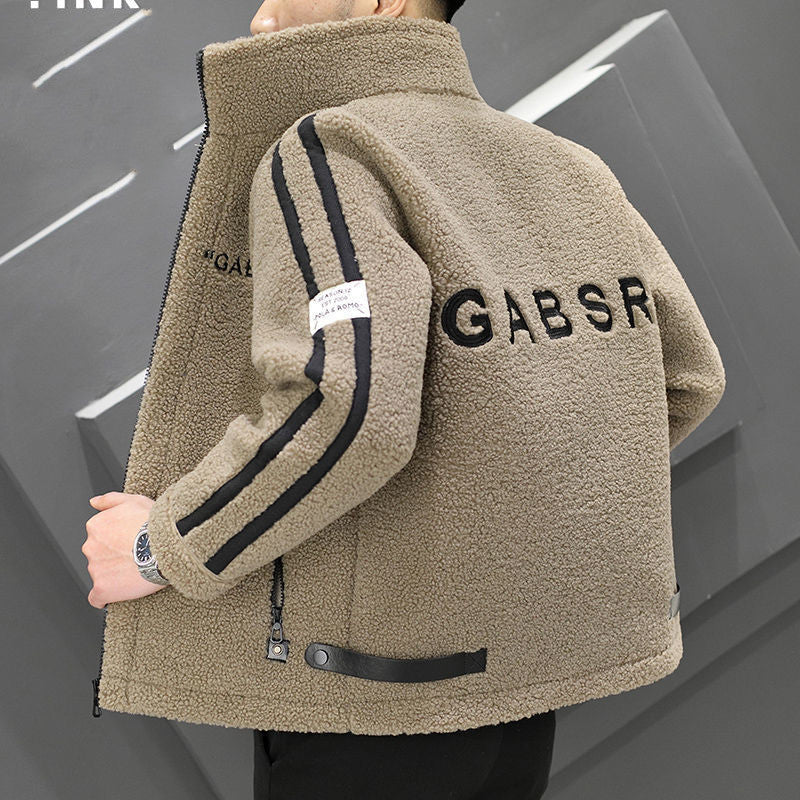 Herr Teddy Fleece Blouson med Ståkrage, Dragkedja och Kontrast Ränder