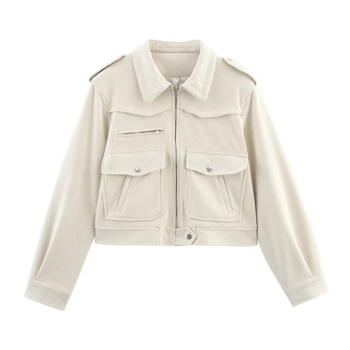 Dam cropped field blazer med axel epaulettes, stor flap fickor, och central dragkedja