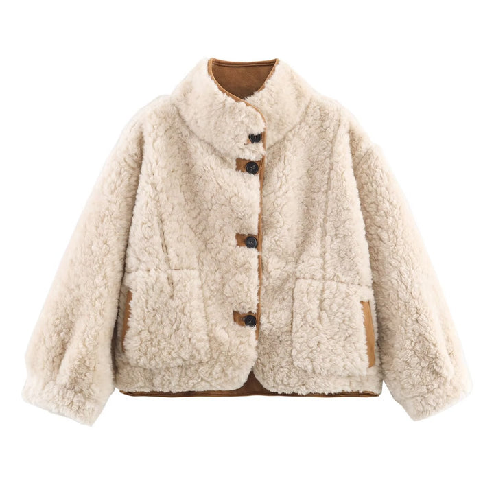 Dam Kort Lambskin Imitation Jacka i Boxig Skärning med Ståkrage och Stor Outer Fickor