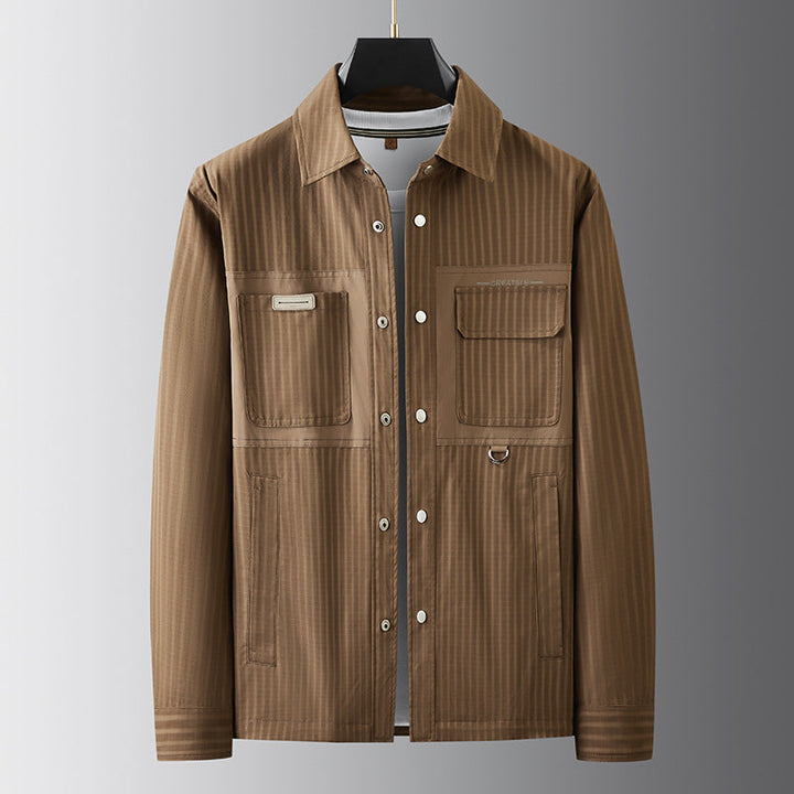 Herr Utility Övergångs Jacka i Överskjorta Stil med Utanpåfickor och Pinstripe Texture