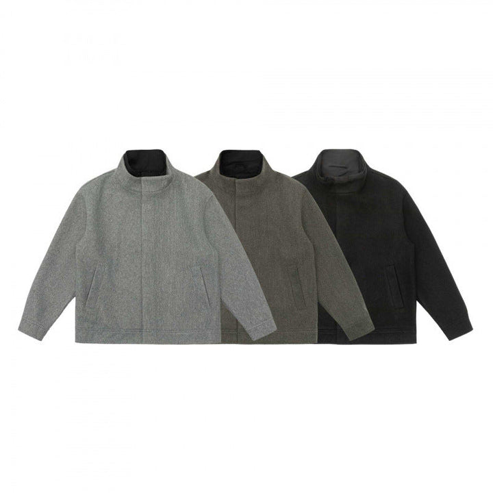 Herr kort skärning ullblandning blouson jacka med ståkrage, dold knäppslå och enkel siluett