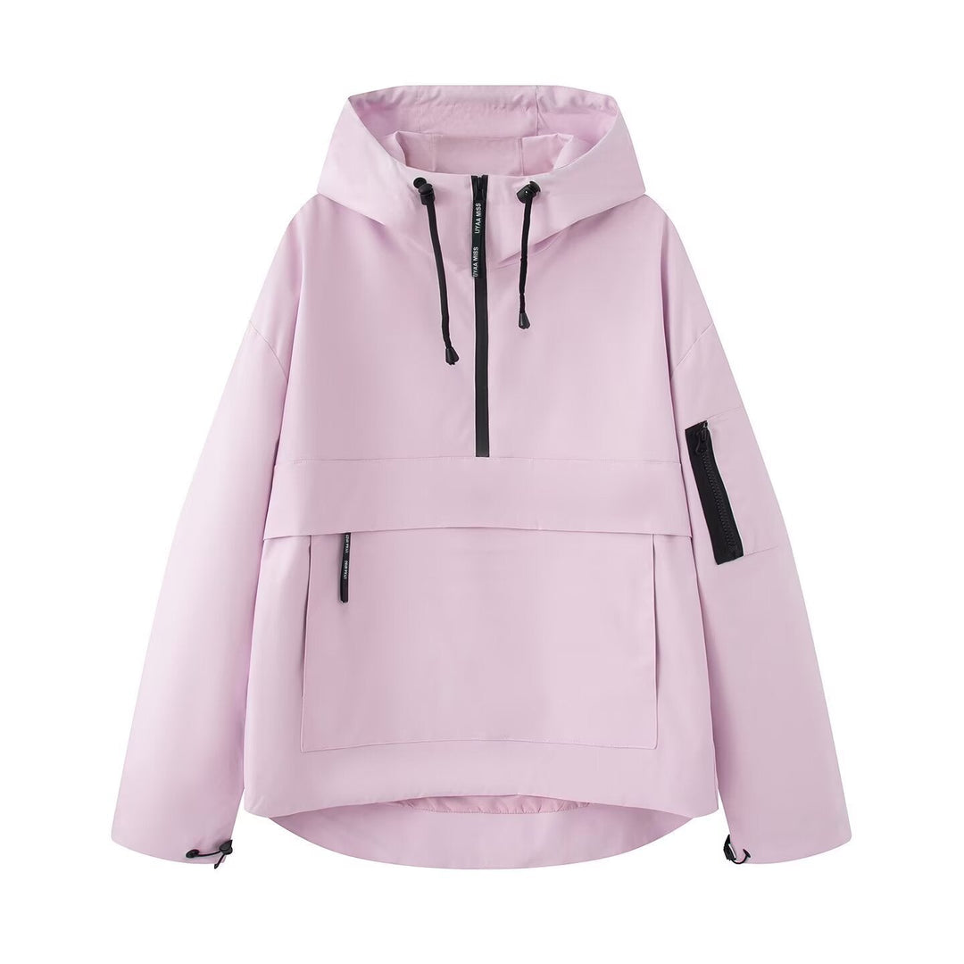 Dam vattentät oversize Anorak med huva, Half dragkedja och Kangaroo ficka
