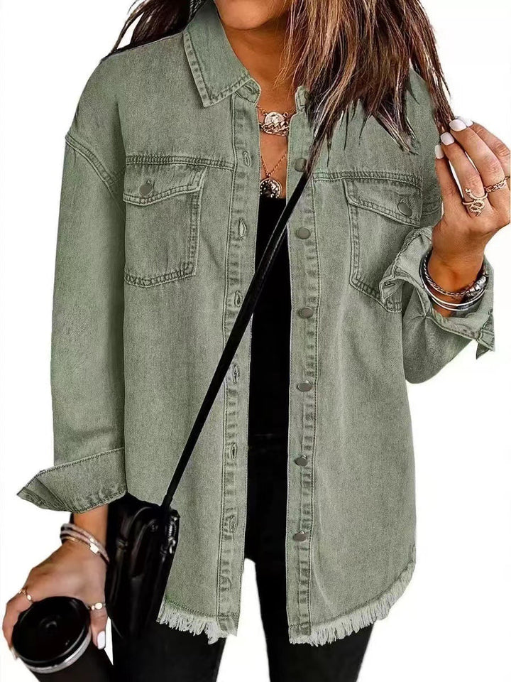 Dam oversize denim skjortjacka med Fringe fåll