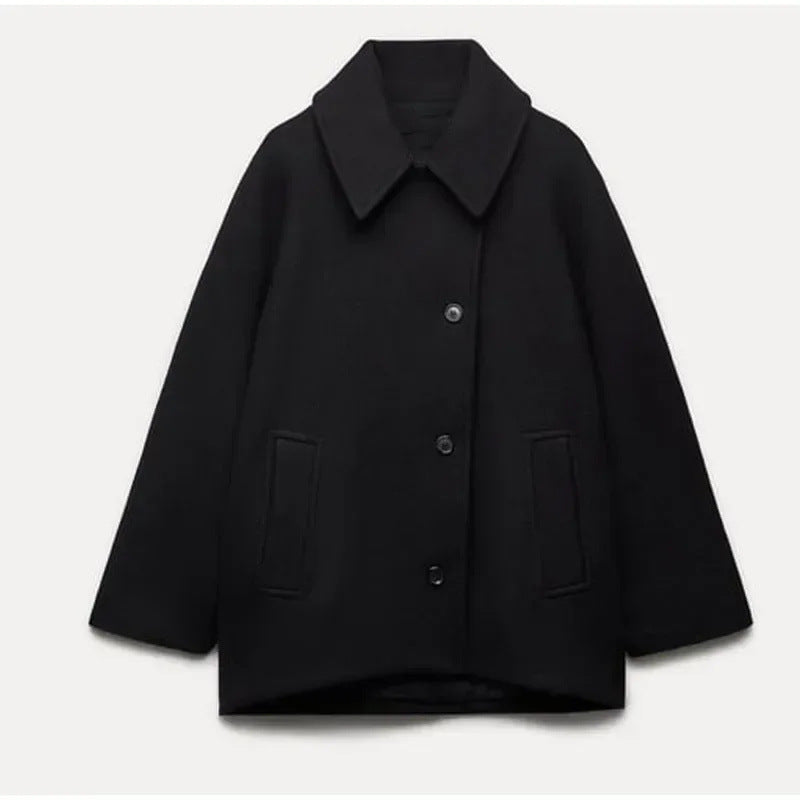 Dam 1200+ Oversize Ull Blend Kort Jacka med Relaxed Silhuett och Dold Knapp Knäppning