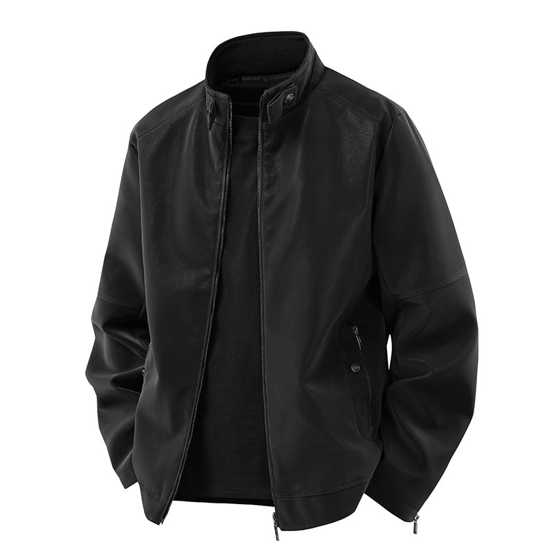 Herr Avslappnad Leather-Look Blouson med Stående Krage och Dold Dragkedja