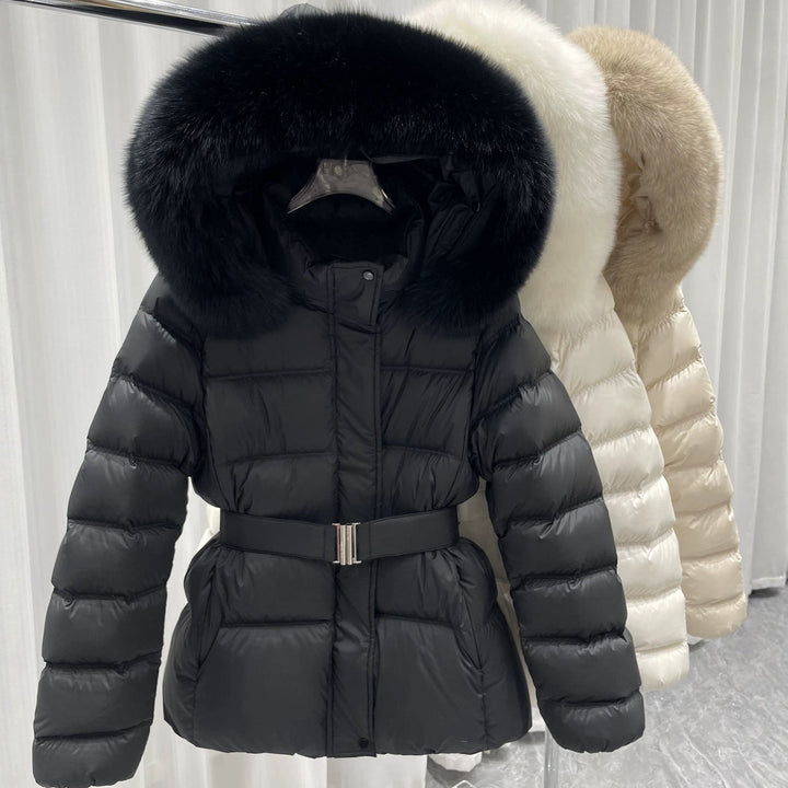 Dam skräddad kviltad pufferjacka med bälte, hög krage och Removable Fur Trim