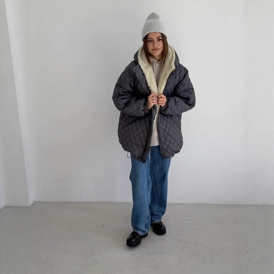 Dam oversize kviltad jacka med teddyfoder och huva