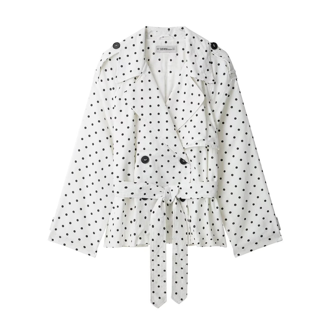 Dam Kort Skärning Trenchcoat med Tied Belt, Double Breasted och Prickig Prick Tryck
